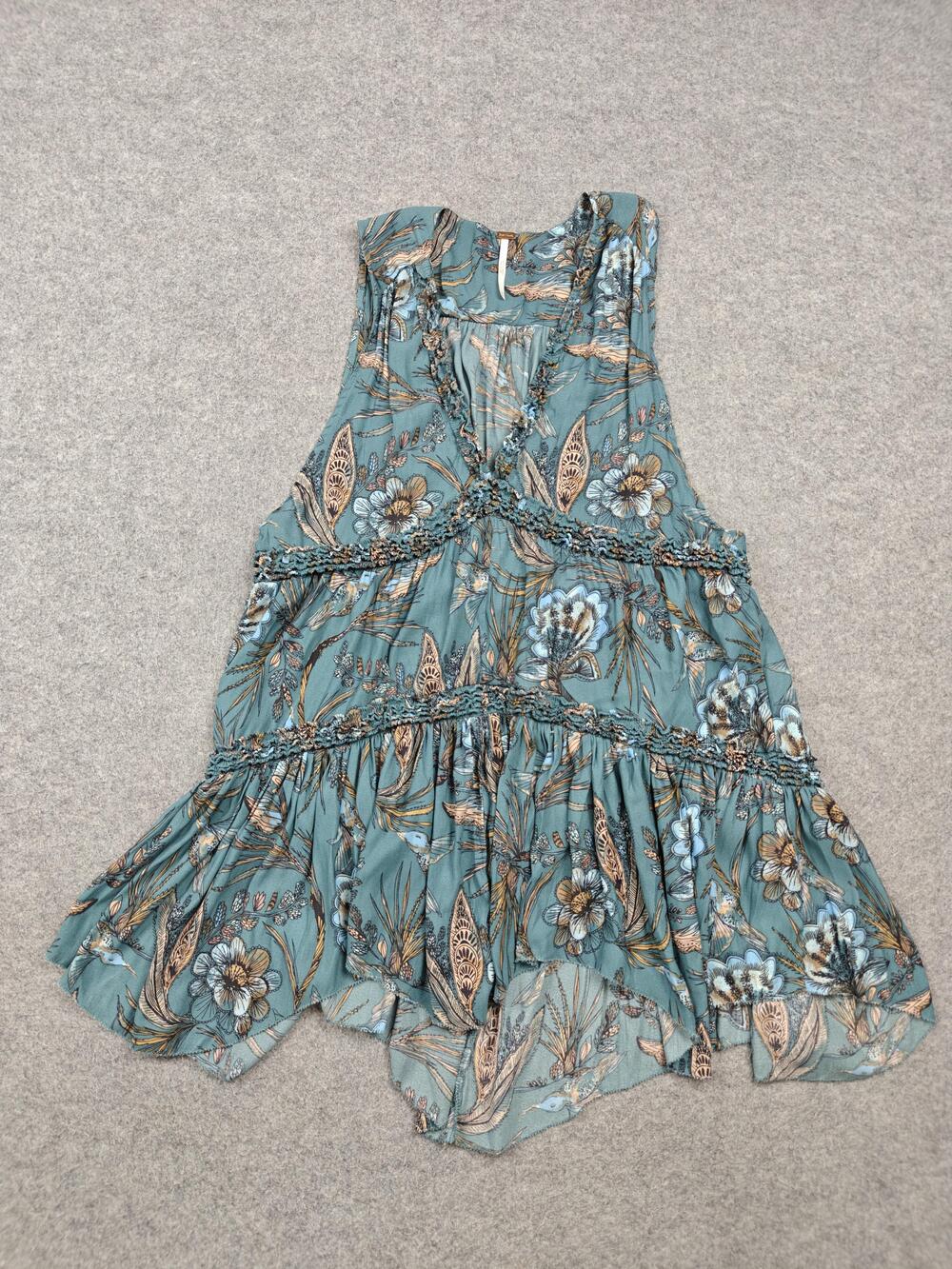 Free People Dress Womens XS Petites Blue Floral Sundress Strappy Smocked Ruffle